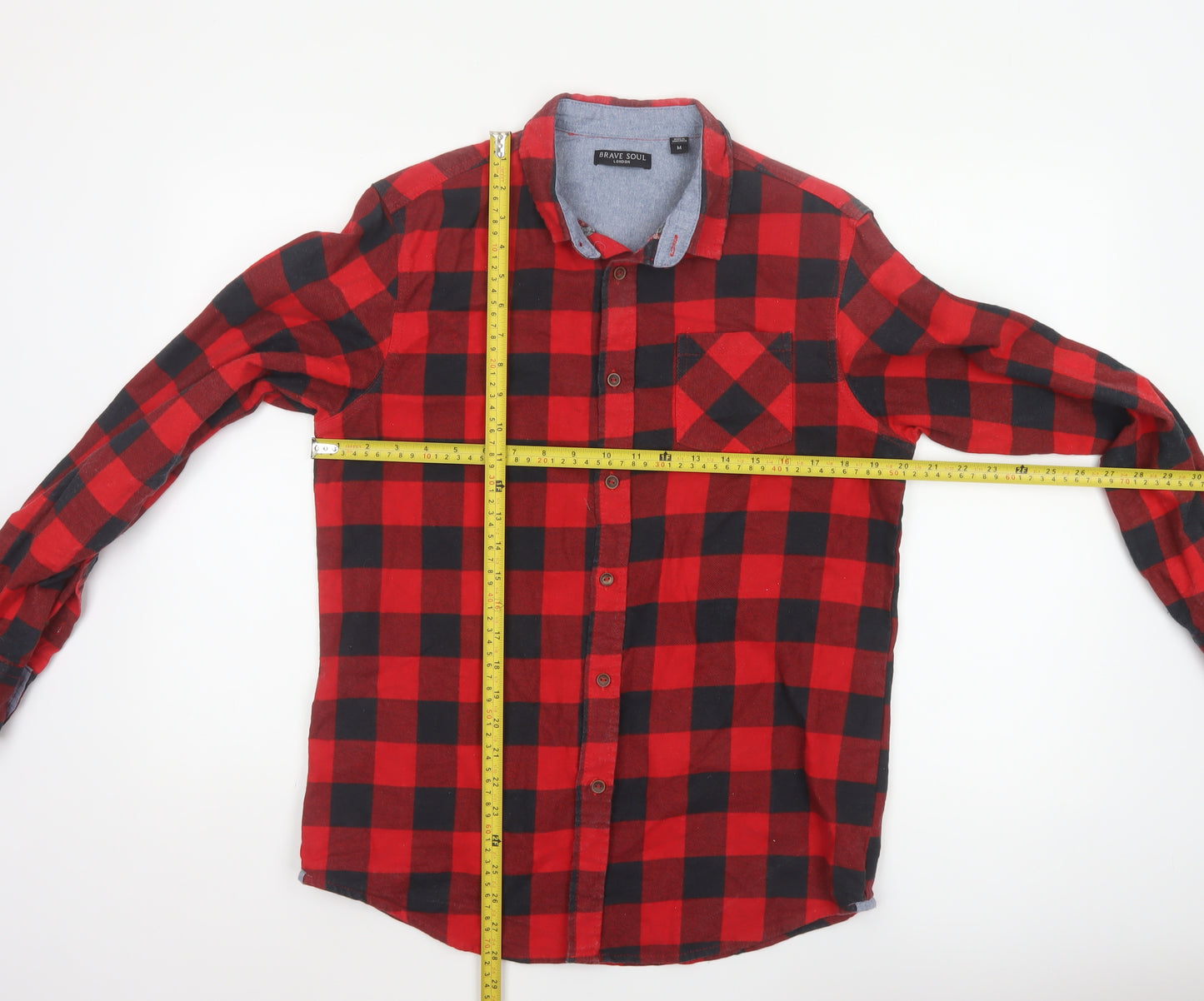 Brave Soul Men’s Red Black Check Cotton Button-Up Shirt Size M