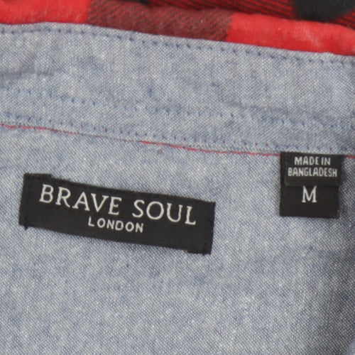 Brave Soul Men’s Red Black Check Cotton Button-Up Shirt Size M