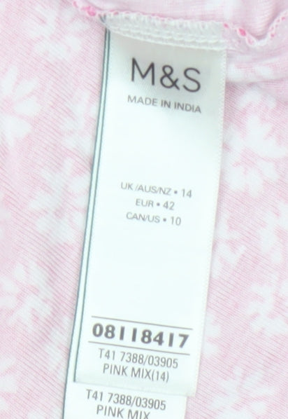 Marks and Spencer Women Pink Floral Cotton Jersey T-Shirt UK 14