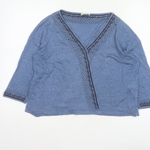 Wrap London Women’s Blue UK 14 Linen V-Neck Embroidered 3/4 Sleeve Blouse