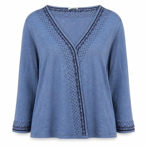 Wrap London Women’s Blue UK 14 Linen V-Neck Embroidered 3/4 Sleeve Blouse