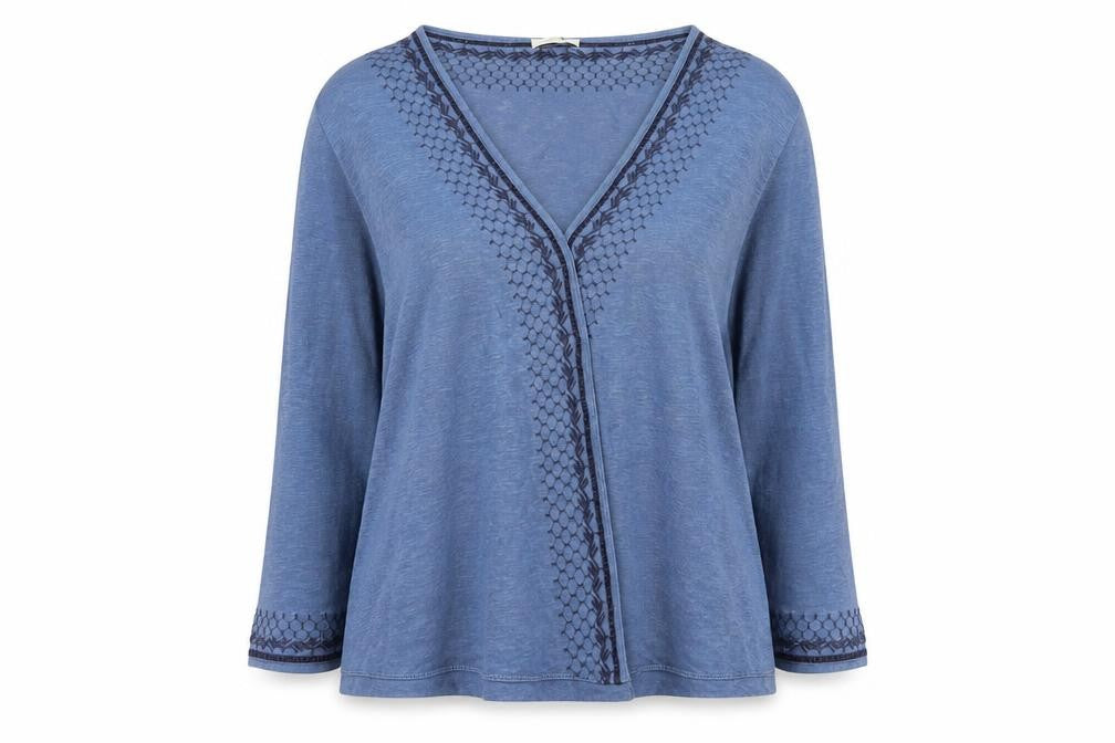 Wrap London Women’s Blue UK 14 Linen V-Neck Embroidered 3/4 Sleeve Blouse
