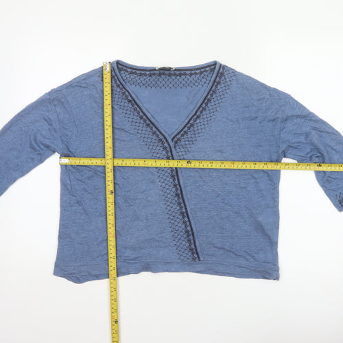 Wrap London Women’s Blue UK 14 Linen V-Neck Embroidered 3/4 Sleeve Blouse