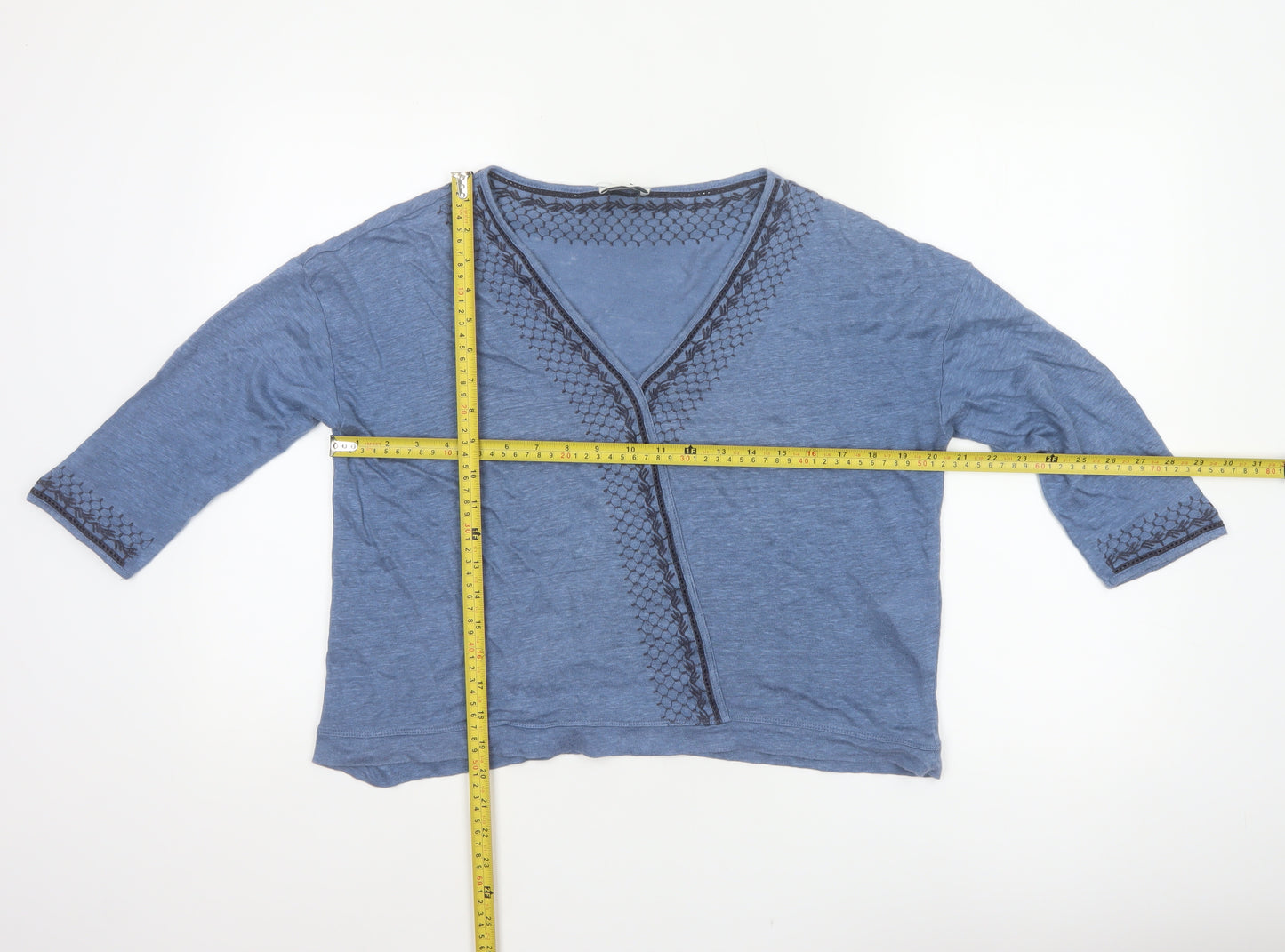 Wrap London Women’s Blue UK 14 Linen V-Neck Embroidered 3/4 Sleeve Blouse