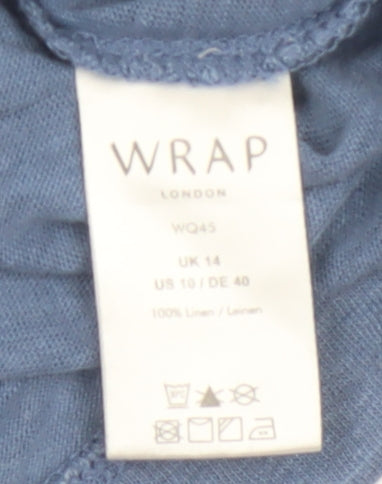Wrap London Women’s Blue UK 14 Linen V-Neck Embroidered 3/4 Sleeve Blouse