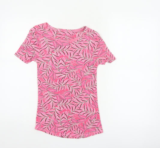 Marks and Spencer Women Pink UK 6 Floral Leaf Cotton T-Shirt