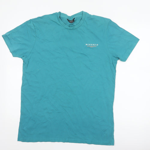 McKenzie Mens Blue L Logo Crew Neck Short Sleeve Cotton T-Shirt