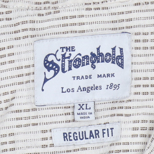 The Stronghold Men’s Beige XL Regular Fit Cotton Linen Stripe Shirt