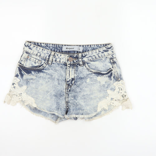 New Look Women Blue Acid Wash Lace Denim Hot Pants Shorts UK 8