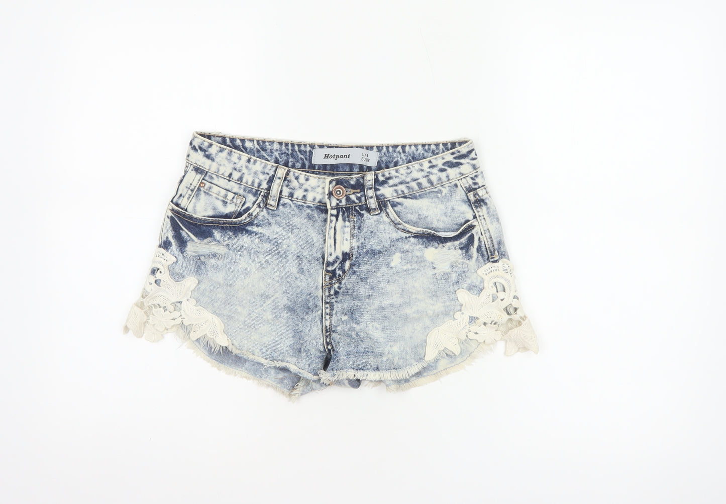 New Look Women Blue Acid Wash Lace Denim Hot Pants Shorts UK 8