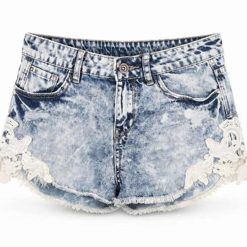 New Look Women Blue Acid Wash Lace Denim Hot Pants Shorts UK 8
