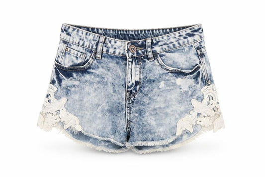 New Look Women Blue Acid Wash Lace Denim Hot Pants Shorts UK 8