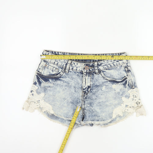 New Look Women Blue Acid Wash Lace Denim Hot Pants Shorts UK 8