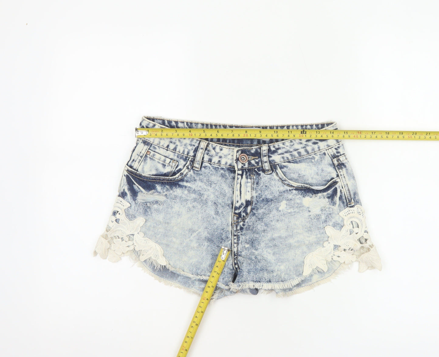 New Look Women Blue Acid Wash Lace Denim Hot Pants Shorts UK 8