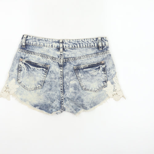 New Look Women Blue Acid Wash Lace Denim Hot Pants Shorts UK 8