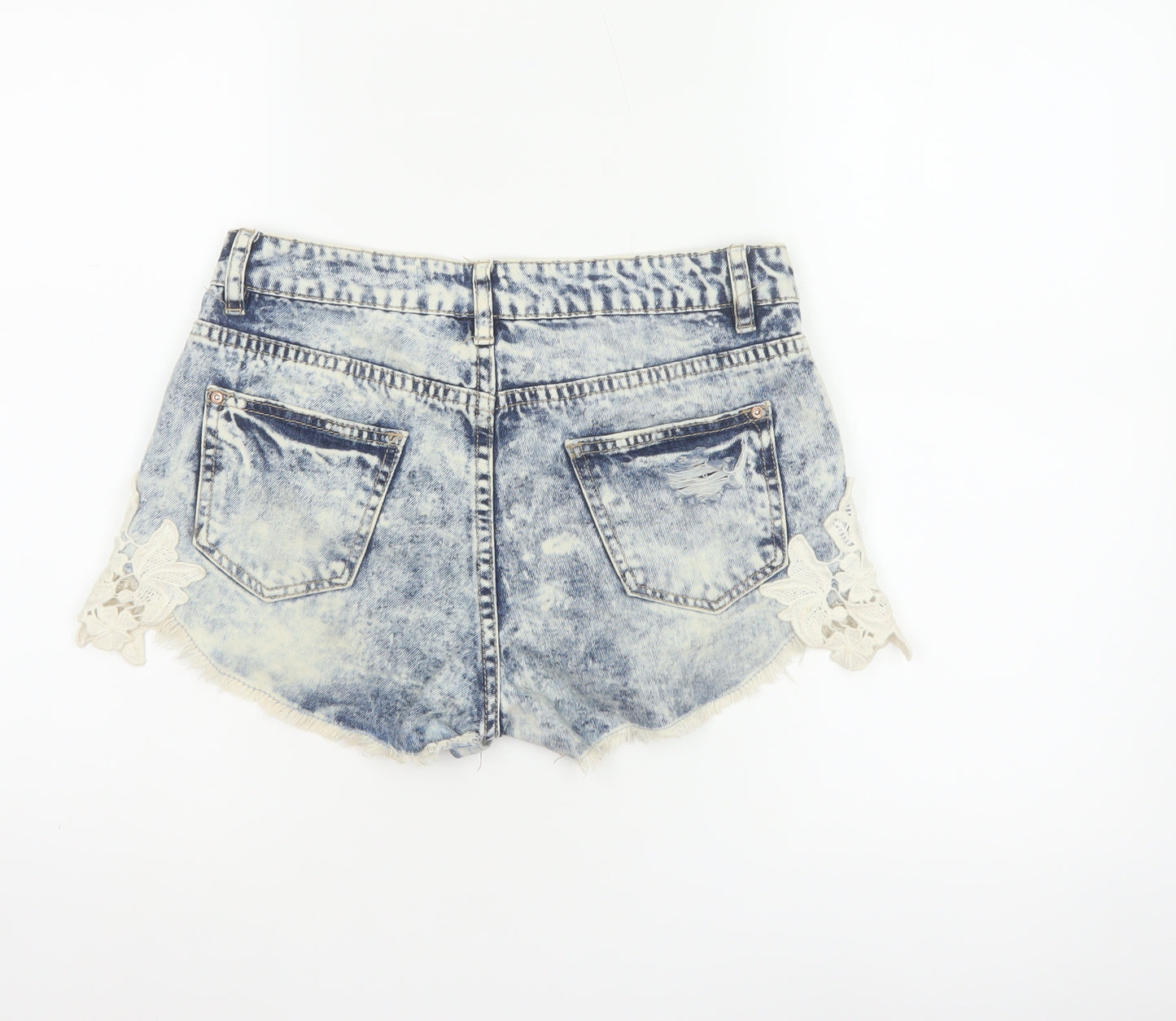 New Look Women Blue Acid Wash Lace Denim Hot Pants Shorts UK 8
