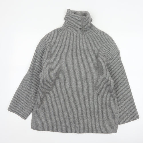 H&M Women’s Grey S Ribbed Roll Neck Long Sleeve Pullover Jumper