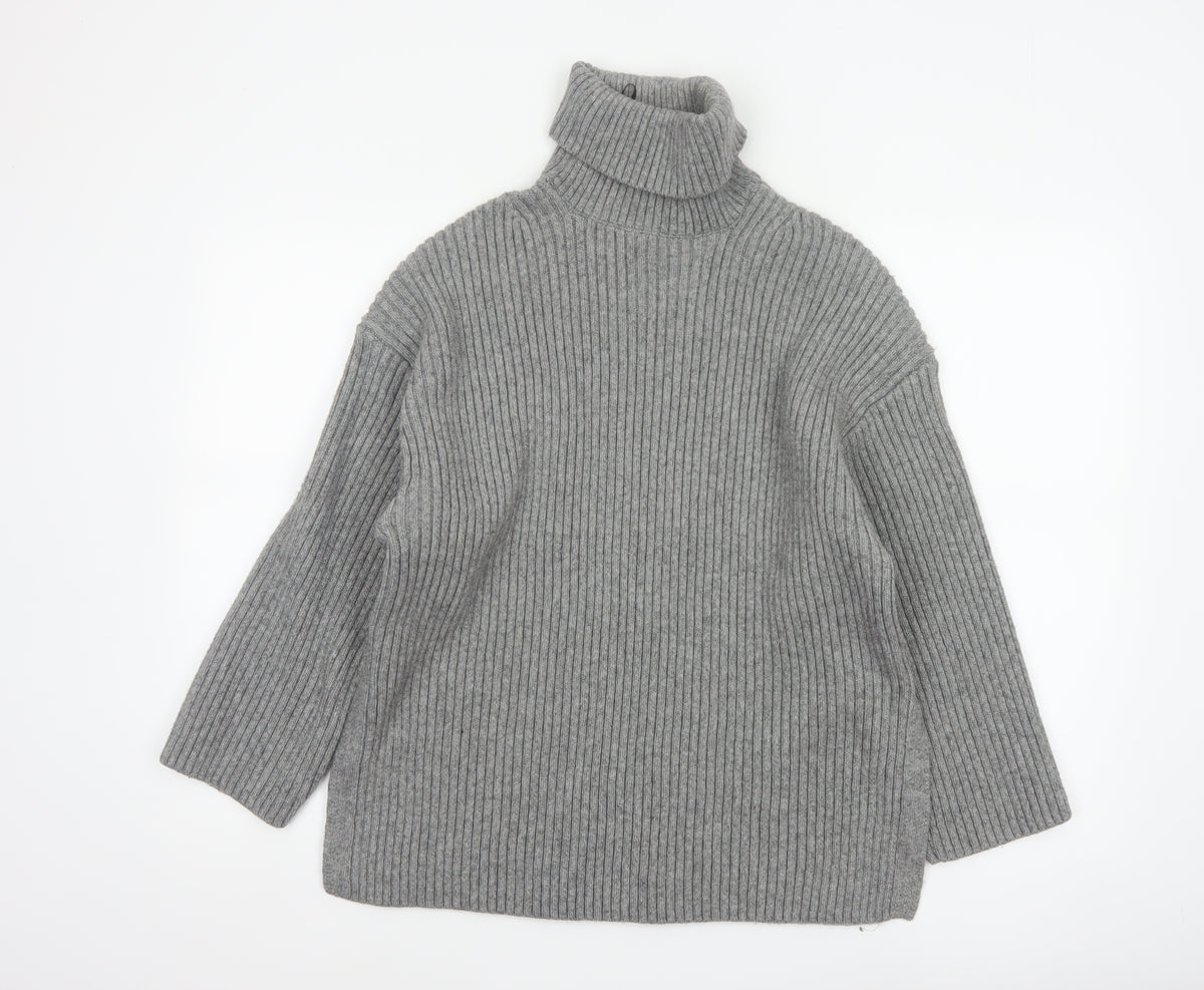 H&M Women’s Grey S Ribbed Roll Neck Long Sleeve Pullover Jumper