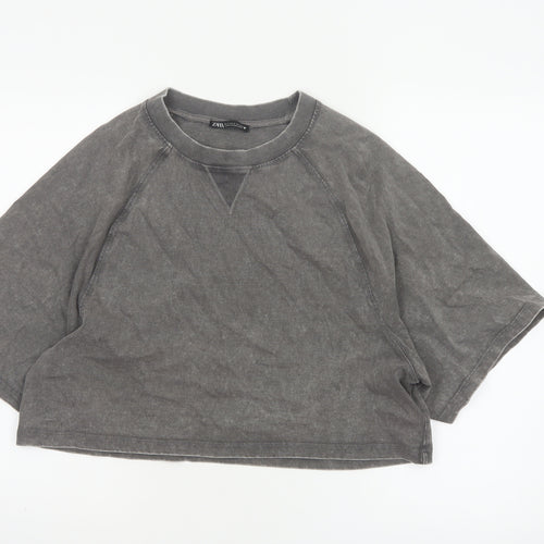 Zara Women Grey UK 8 Cropped Cotton Raglan Sleeve T-Shirt