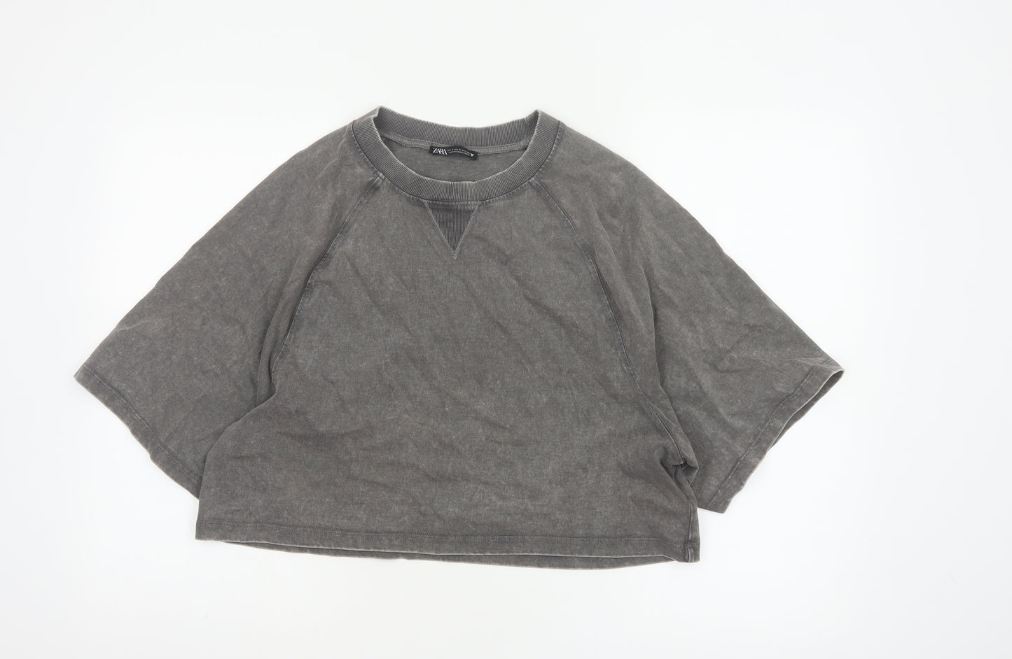 Zara Women Grey UK 8 Cropped Cotton Raglan Sleeve T-Shirt