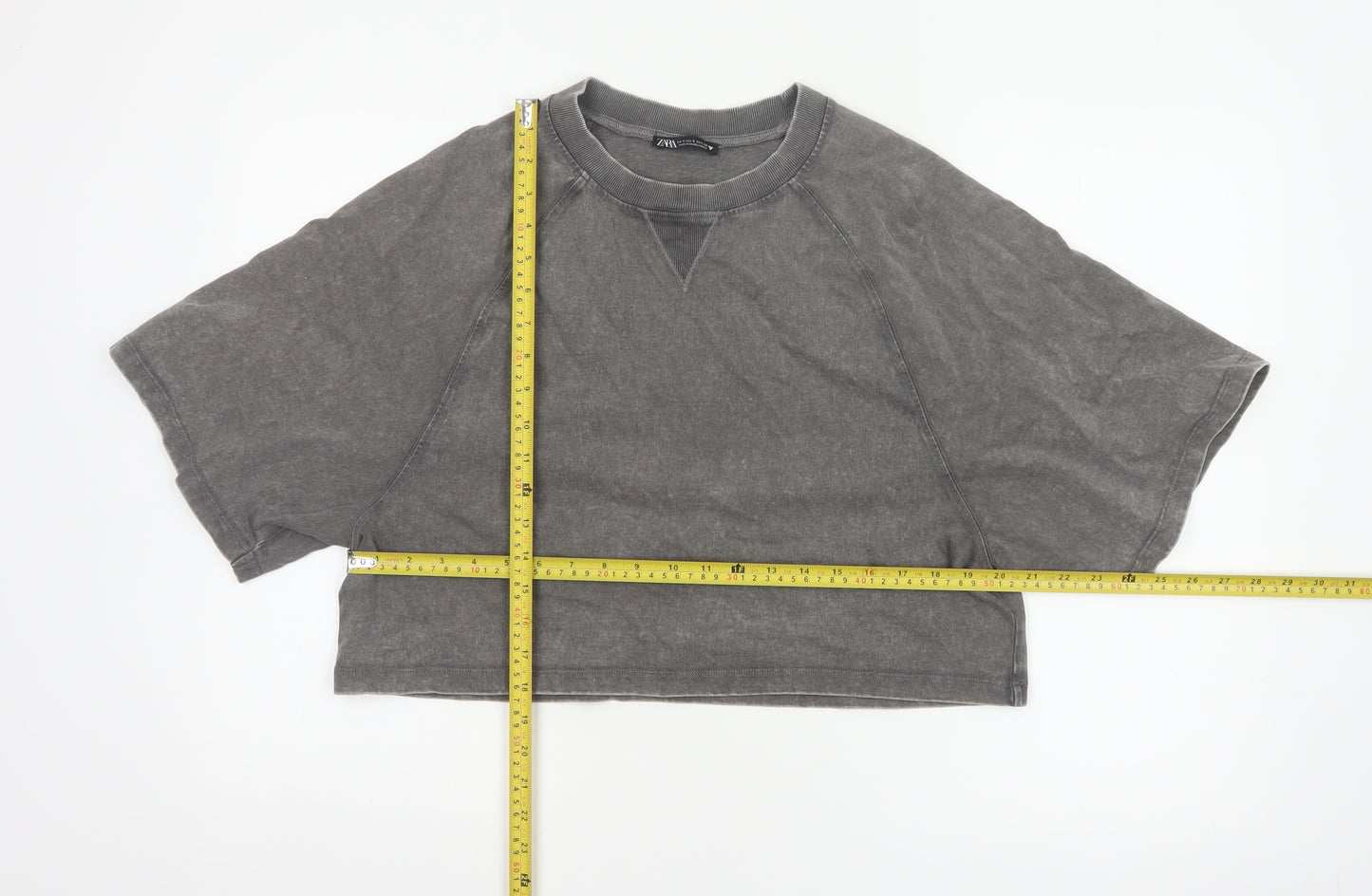 Zara Women Grey UK 8 Cropped Cotton Raglan Sleeve T-Shirt