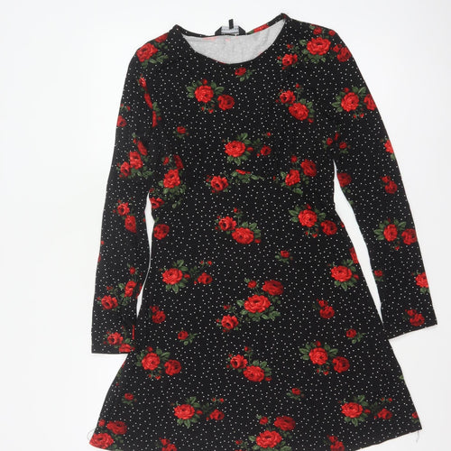 Peacocks Women Black Red Rose Floral Fit & Flare Dress Size 10