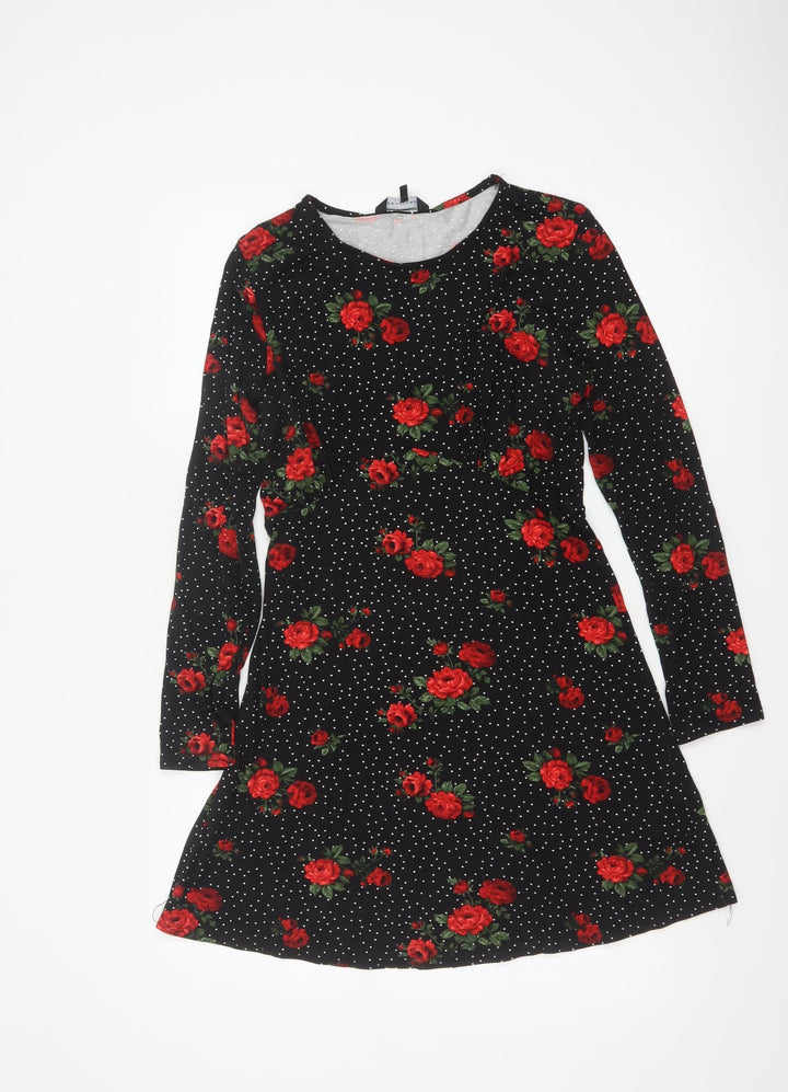 Peacocks Women Black Red Rose Floral Fit & Flare Dress Size 10