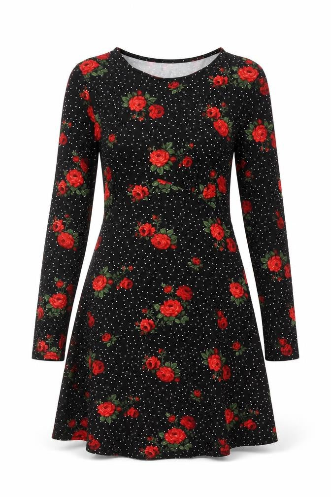 Peacocks Women Black Red Rose Floral Fit & Flare Dress Size 10