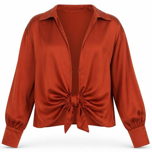 River Island Women Orange UK 12 Wrap Tie Collared Long Sleeve Blouse