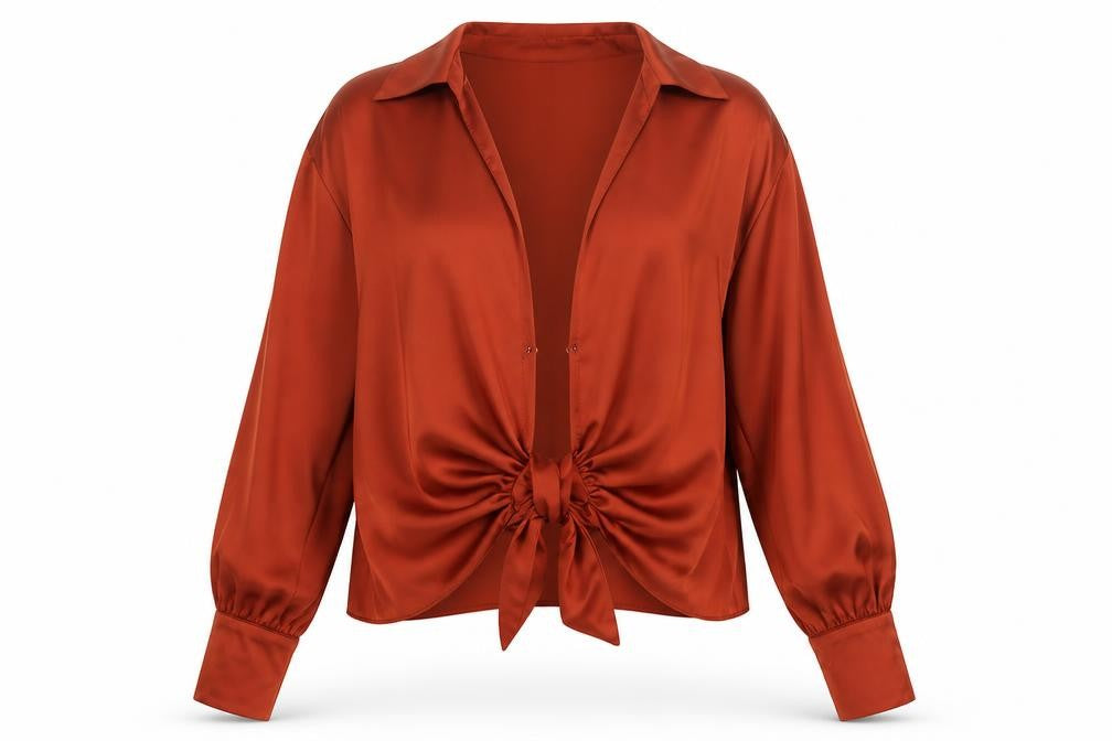River Island Women Orange UK 12 Wrap Tie Collared Long Sleeve Blouse