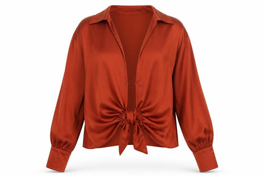 Front view of River Island Women Orange UK 12 Wrap Tie Collared Long Sleeve Blouse