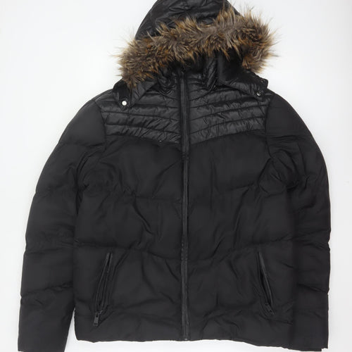 Brave Soul Men's Black M Puffer Jacket Faux Fur Hood Quilted