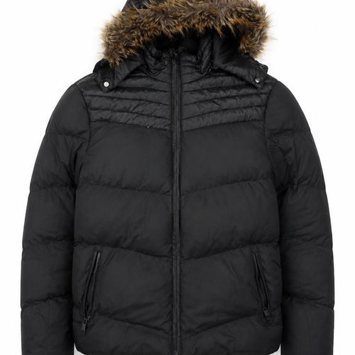 Brave Soul Men's Black M Puffer Jacket Faux Fur Hood Quilted