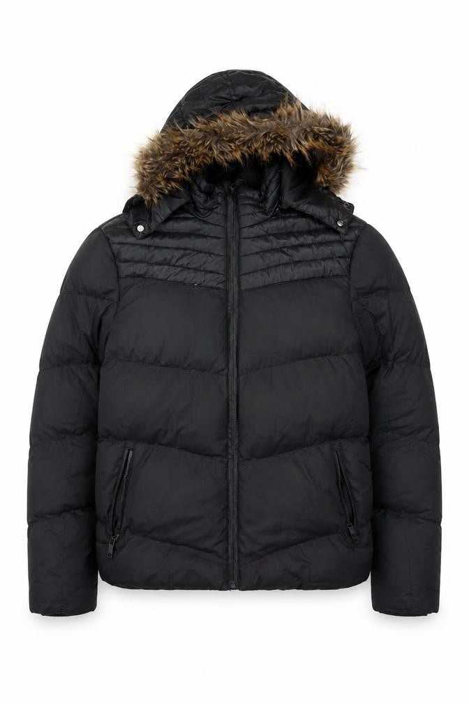 Brave Soul Men's Black M Puffer Jacket Faux Fur Hood Quilted