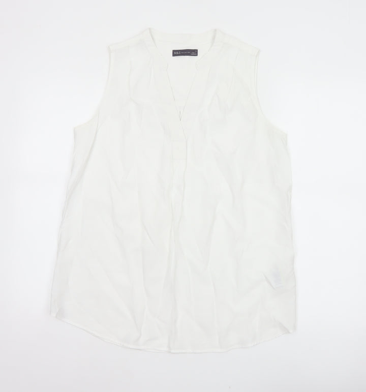 Marks and Spencer Women White Size 12 Sleeveless V-Neck Blouse