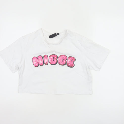 Nicce Women’s White S Cropped Cotton T-Shirt Pink Nicee Glitter Logo