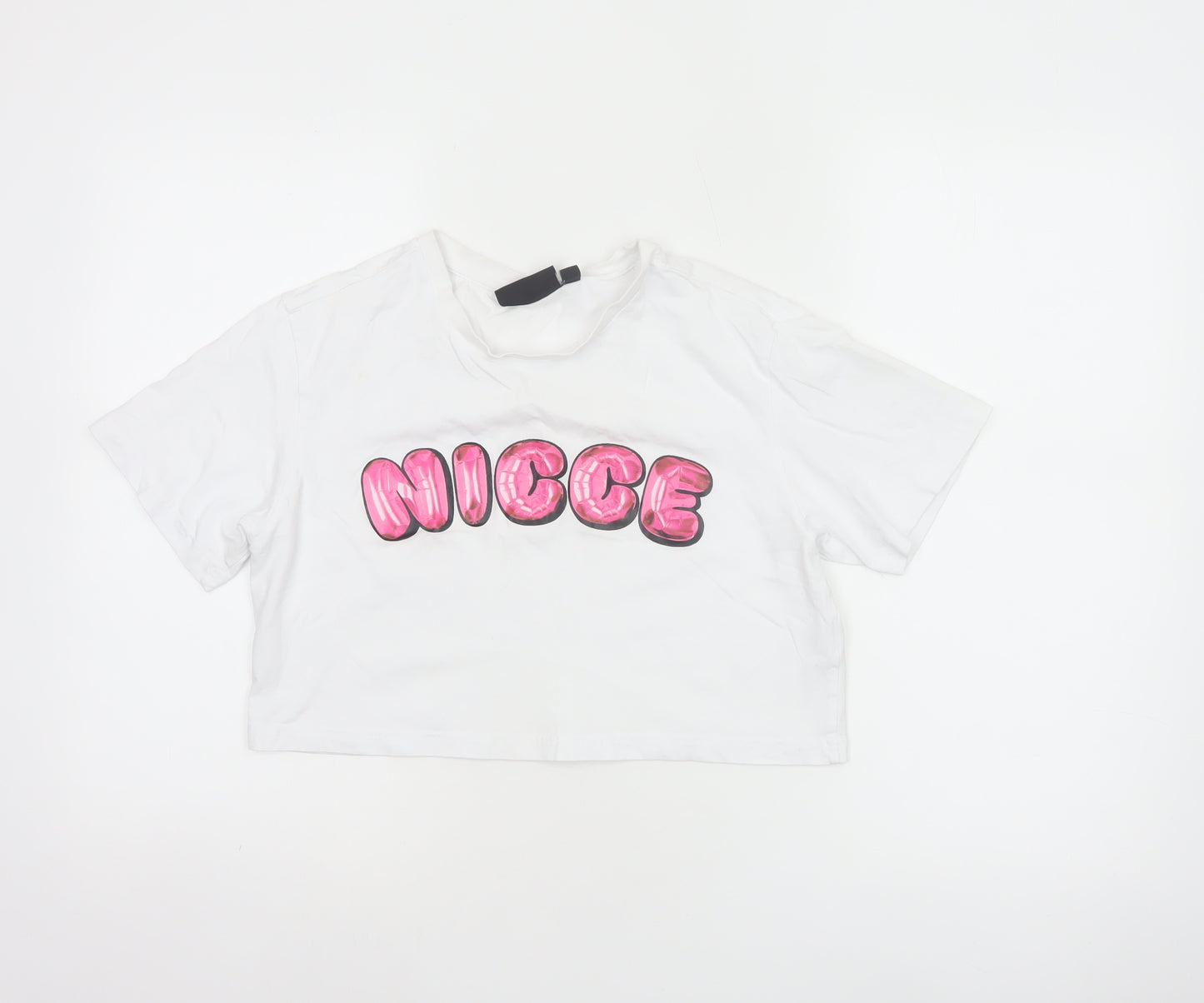 Nicce Women’s White S Cropped Cotton T-Shirt Pink Nicee Glitter Logo