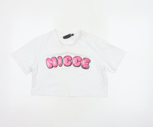 Nicce Women’s White S Cropped Cotton T-Shirt Pink Nicee Glitter Logo