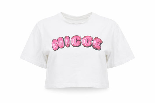 Front view of NICCE Women’s White S Cropped Cotton T-Shirt Pink Nicee Glitter Logo