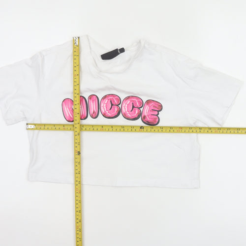 Nicce Women’s White S Cropped Cotton T-Shirt Pink Nicee Glitter Logo