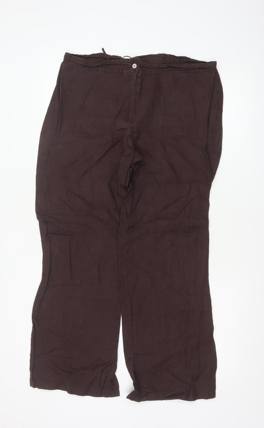 Marks & Spencer Women Brown Linen Wide Leg Trousers UK 14 Medium