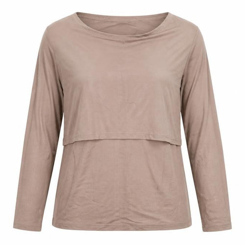 SMALSHOW Women Beige Maternity Nursing Layered Long Sleeve Blouse M