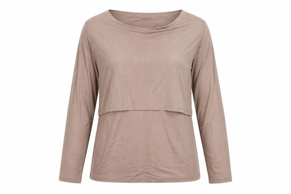 SMALSHOW Women Beige Maternity Nursing Layered Long Sleeve Blouse M