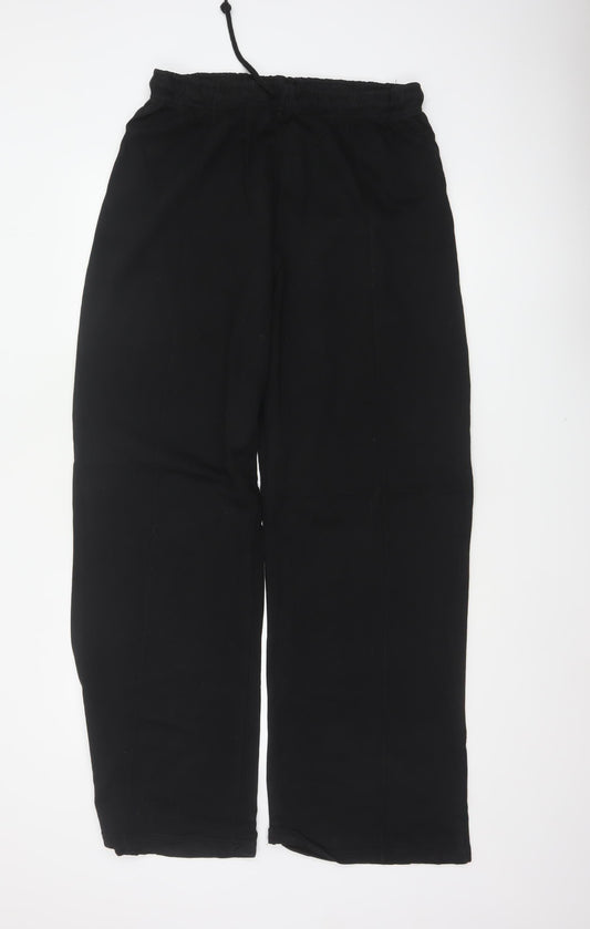 Zara Women Black L Wide-Leg Drawstring Cotton Trousers