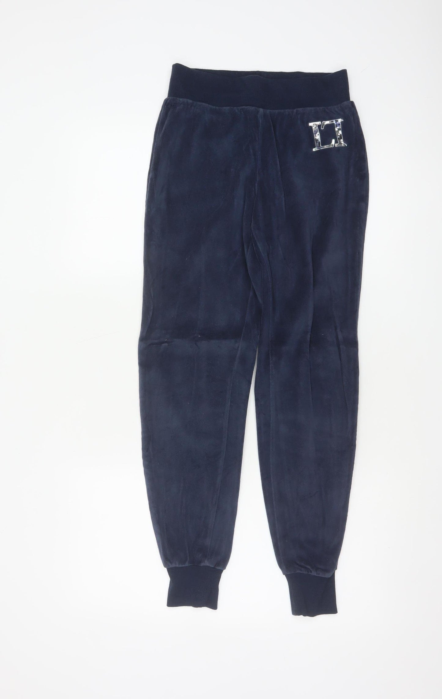 Lipsy London Women Blue Velvet Jogger Trousers UK 8 Logo Cuffed