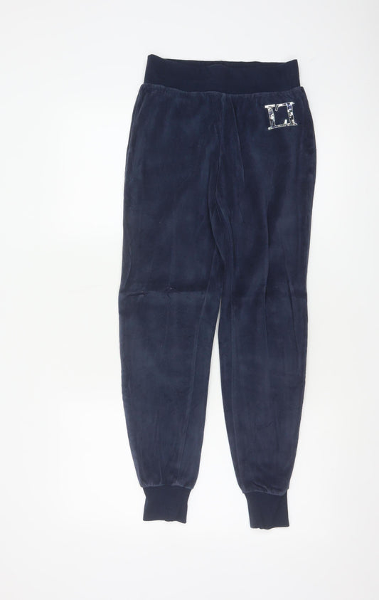 Lipsy London Women Blue Velvet Jogger Trousers UK 8 Logo Cuffed