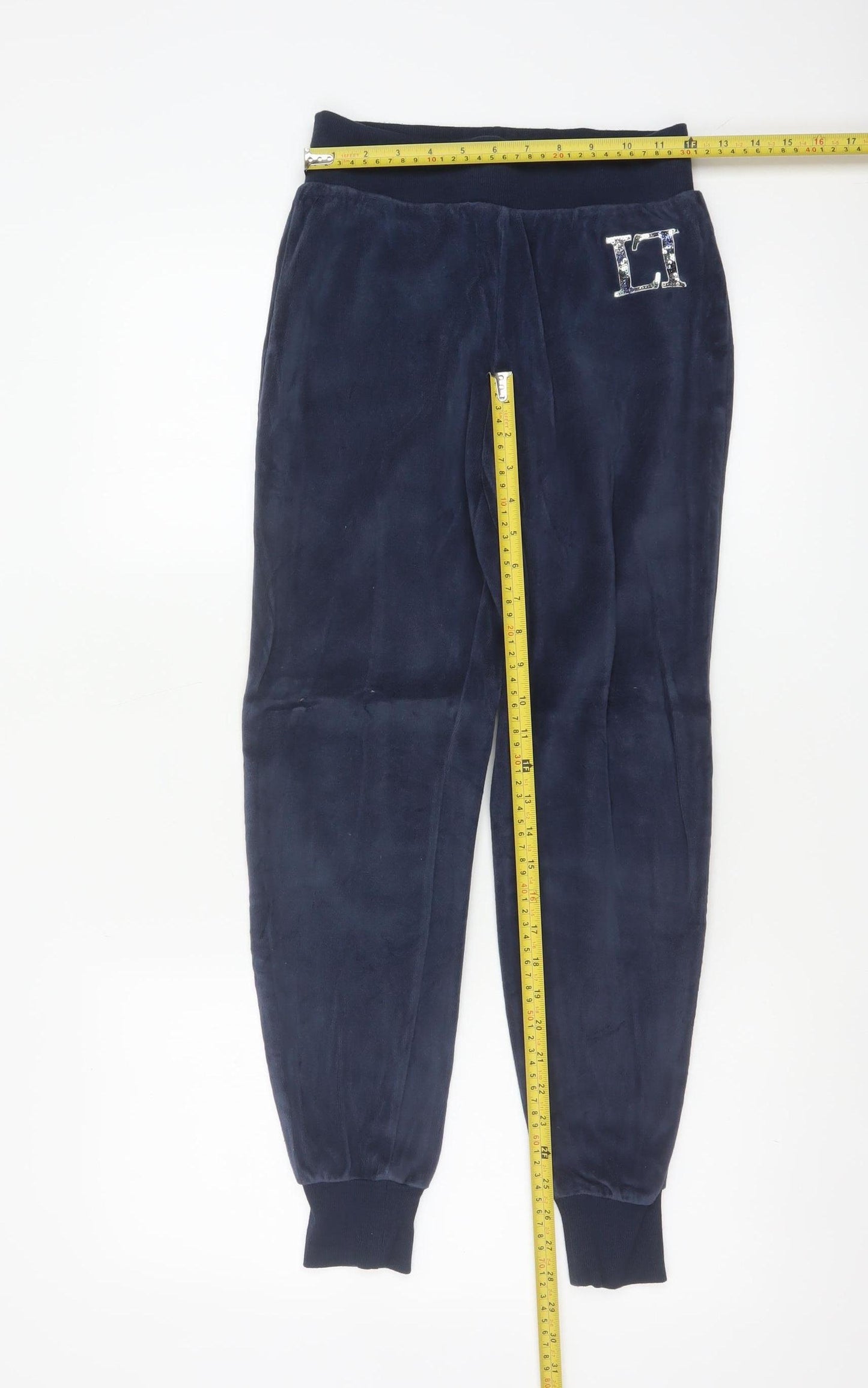 Lipsy London Women Blue Velvet Jogger Trousers UK 8 Logo Cuffed