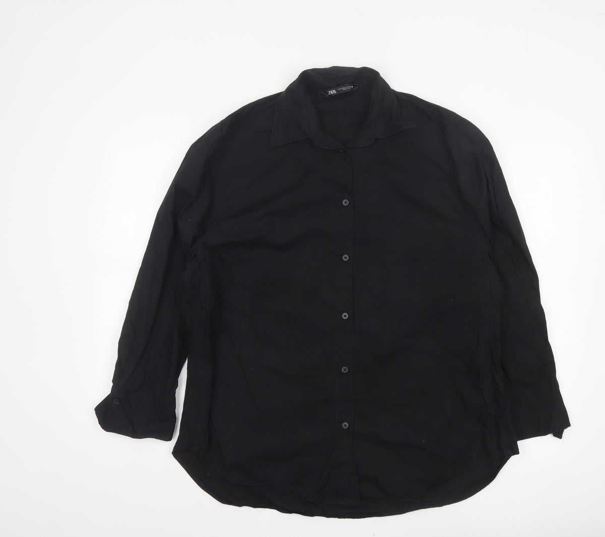 Back view of Zara Women’s Black, size S, Classic Collared Long Sleeve Button-Up Shirt