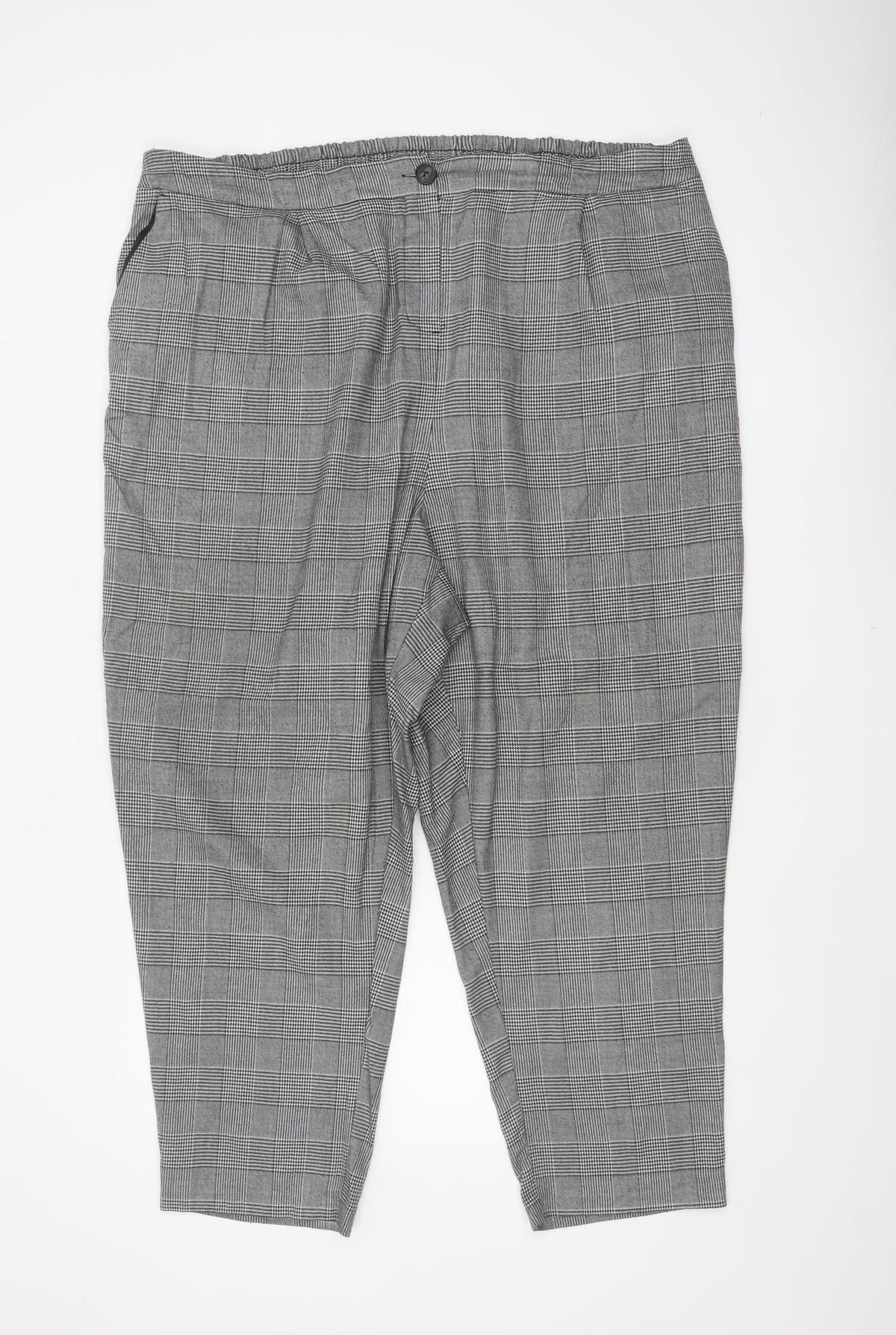 New Look Curves Women Grey Check Tapered Trousers UK 24 Elastic Waist