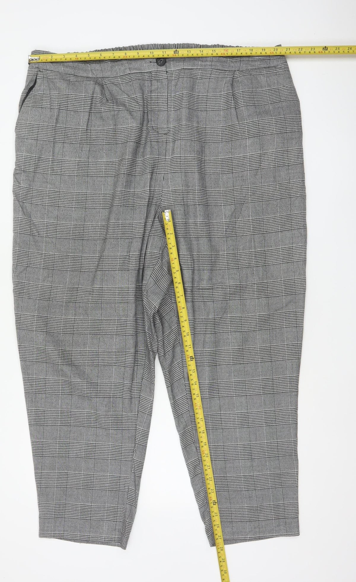 New Look Curves Women Grey Check Tapered Trousers UK 24 Elastic Waist